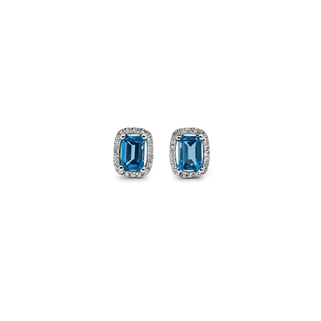 Aretes Cuadro Topacio London Blue Con Halo De Diamantes